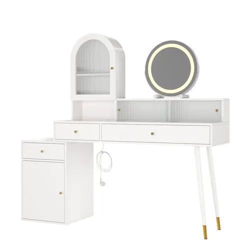 Coiffeuse 140x40x140 Cm Blanc Avec Miroir LED, USB, Type-c, 2 Prises, 3 Tiroirs Et 2 Portes