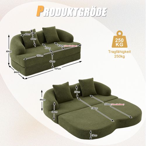 Canapé Convertible 2 Places 157x84x65 Cm En Chenille Verte Avec 2 Coussins