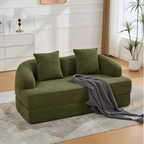Canapé Convertible 2 Places 157x84x65 Cm En Chenille Verte Avec 2 Coussins