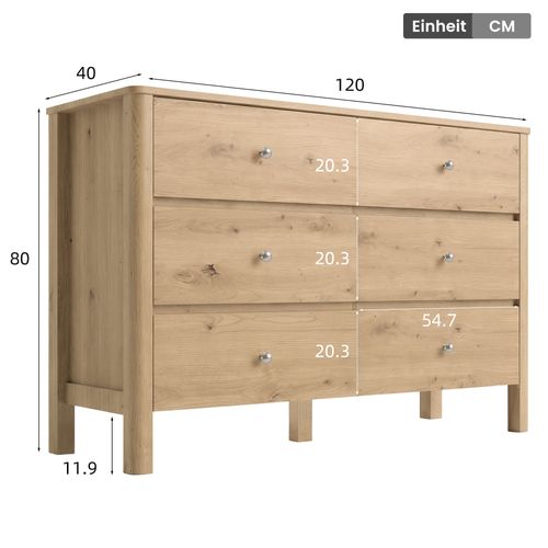 Commode Moderne 120x40x80 Cm Avec 6 Tiroirs, Coloris Chêne