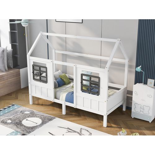 Lit Enfant 200x90 Cm - Lit Cabane Avec 2 Tiroirs Et Rangement, Maison En Bois Blanc