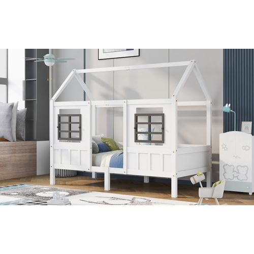 Lit Enfant 200x90 Cm - Lit Cabane Avec 2 Tiroirs Et Rangement, Maison En Bois Blanc