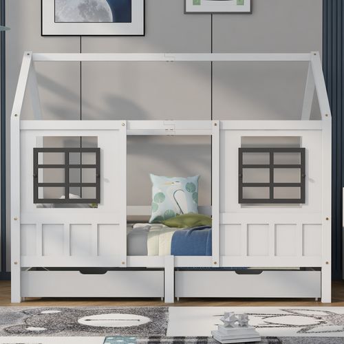 Lit Enfant 200x90 Cm - Lit Cabane Avec 2 Tiroirs Et Rangement, Maison En Bois Blanc