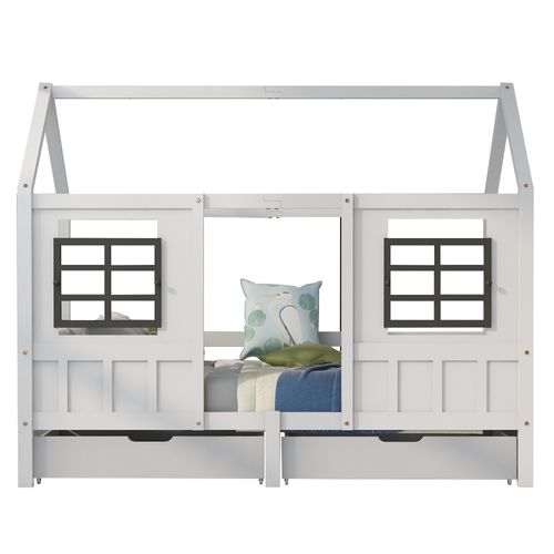 Lit Enfant 200x90 Cm - Lit Cabane Avec 2 Tiroirs Et Rangement, Maison En Bois Blanc
