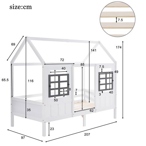 Lit Enfant 200x90 Cm - Lit Cabane Avec 2 Tiroirs Et Rangement, Maison En Bois Blanc