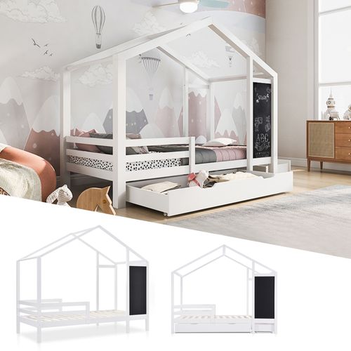 Lit Enfant 90x200 Cm - Lit Cabane Avec Tableau Et 2 Tiroirs, Rangement Pratique, Bois Et Mdf, Blanc