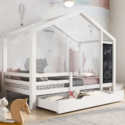 Lit Enfant 90x200 Cm - Lit Cabane Avec Tableau Et 2 Tiroirs, Rangement Pratique, Bois Et Mdf, Blanc