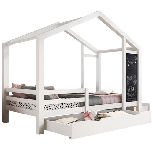 Lit Enfant 90x200 Cm - Lit Cabane Avec Tableau Et 2 Tiroirs, Rangement Pratique, Bois Et Mdf, Blanc