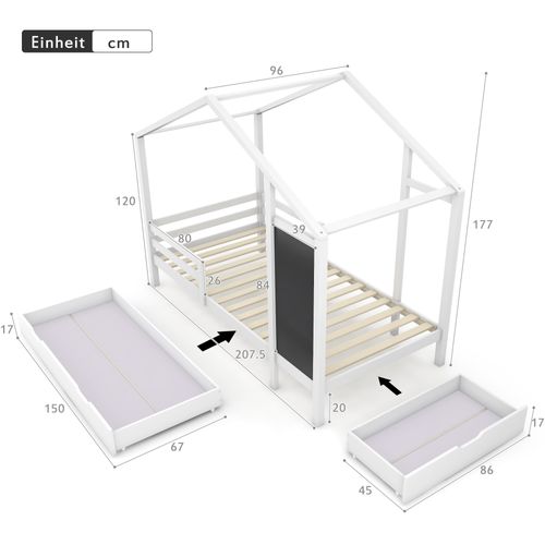 Lit Enfant 90x200 Cm - Lit Cabane Avec Tableau Et 2 Tiroirs, Rangement Pratique, Bois Et Mdf, Blanc