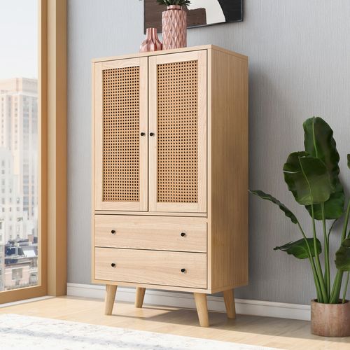 Buffet Haut Avec 2 Portes En Rotin Et 2 Tiroirs, 4 Compartiments - 60x40x120 Cm - Mdf - Naturel