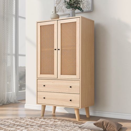 Buffet Haut Avec 2 Portes En Rotin Et 2 Tiroirs, 4 Compartiments - 60x40x120 Cm - Mdf - Naturel