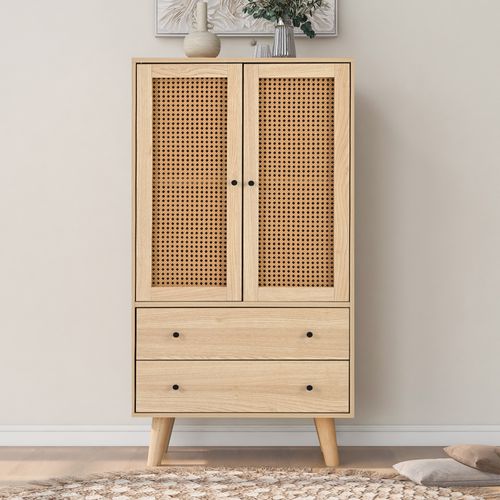 Buffet Haut Avec 2 Portes En Rotin Et 2 Tiroirs, 4 Compartiments - 60x40x120 Cm - Mdf - Naturel
