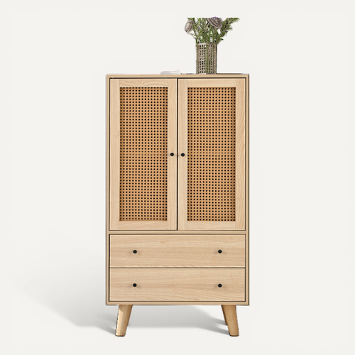 Buffet Haut Avec 2 Portes En Rotin Et 2 Tiroirs, 4 Compartiments - 60x40x120 Cm - Mdf - Naturel