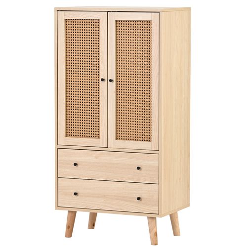 Buffet Haut Avec 2 Portes En Rotin Et 2 Tiroirs, 4 Compartiments - 60x40x120 Cm - Mdf - Naturel