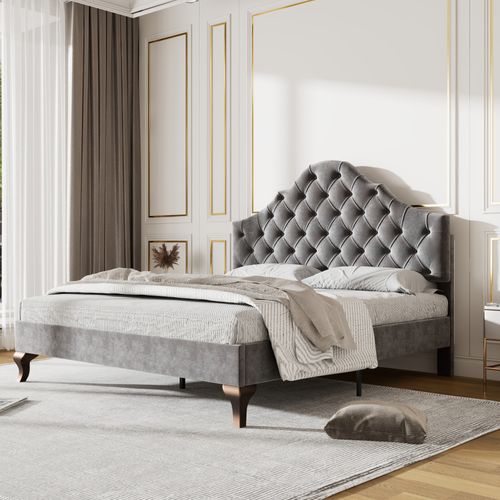 Lit Coffre Double Capitonné 140x200 Cm LED Et USB-c, Métal Lin Bois, Gris