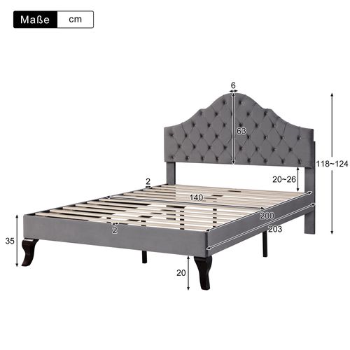 Lit Coffre Double Capitonné 140x200 Cm LED Et USB-c, Métal Lin Bois, Gris