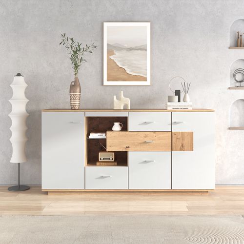Buffet Salon Portes Et Tiroirs, étagère Verre, LED, 160x40x77 Cm, Naturel Et Blanc