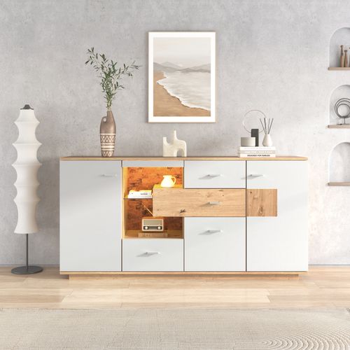 Buffet Salon Portes Et Tiroirs, étagère Verre, LED, 160x40x77 Cm, Naturel Et Blanc
