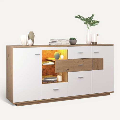 Buffet Salon Portes Et Tiroirs, étagère Verre, LED, 160x40x77 Cm, Naturel Et Blanc