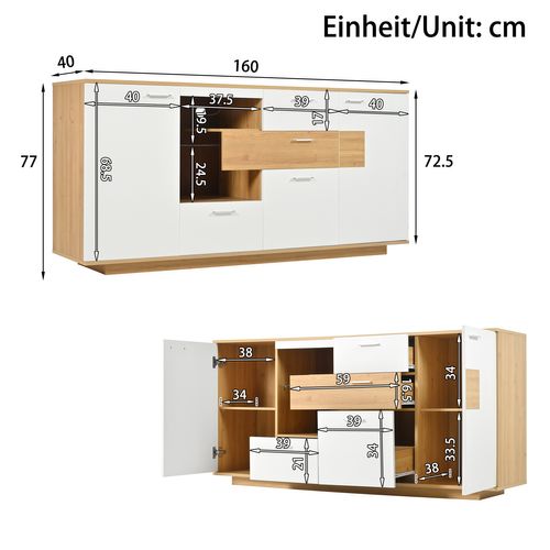 Buffet Salon Portes Et Tiroirs, étagère Verre, LED, 160x40x77 Cm, Naturel Et Blanc