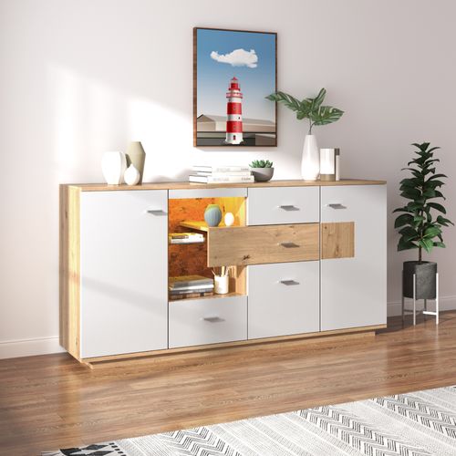 Buffet Salon Portes Et Tiroirs, étagère Verre, LED, 160x40x77 Cm, Naturel Et Blanc
