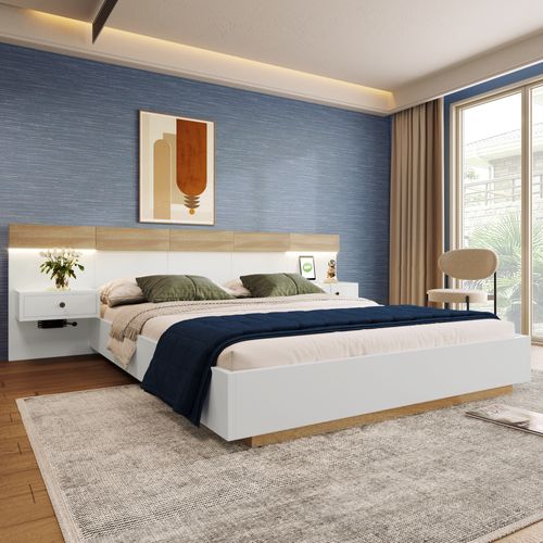 Lit Double 140x200 Cm - Lit En Bois Avec 2 Tables De Chevet Et USB - Bois - Naturel