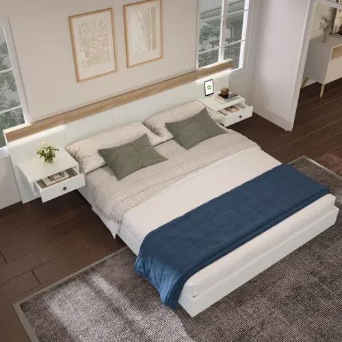 Lit Double 140x200 Cm - Lit En Bois Avec 2 Tables De Chevet Et USB - Bois - Naturel