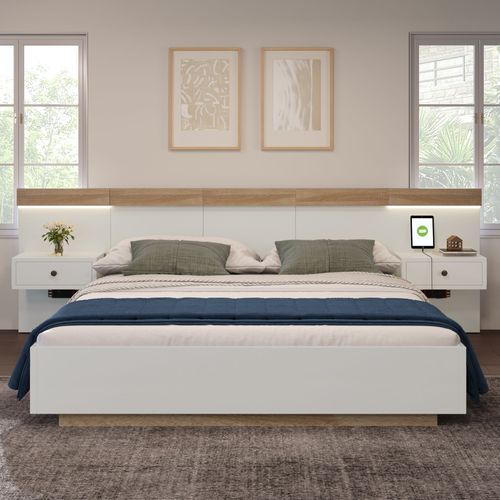 Lit Double 140x200 Cm - Lit En Bois Avec 2 Tables De Chevet Et USB - Bois - Naturel
