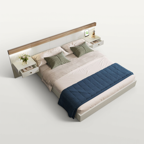 Lit Double 140x200 Cm - Lit En Bois Avec 2 Tables De Chevet Et USB - Bois - Naturel