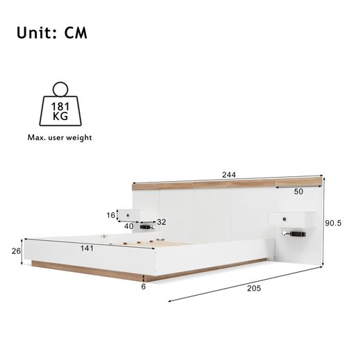 Lit Double 140x200 Cm - Lit En Bois Avec 2 Tables De Chevet Et USB - Bois - Naturel
