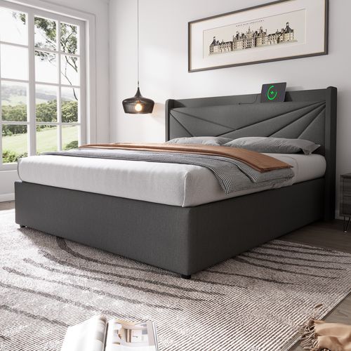 Lit Coffre 180x200 Cm - Lit Double Avec Sommier à Lattes - Coton Bois Métal - Gris