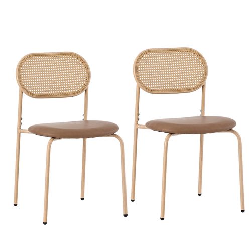 Chaises Lot De 2, Dossier Ovale En Rotin, Pieds Métal, Assise Confortable - Marron