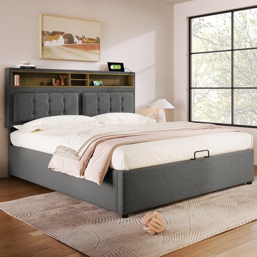 Lit Coffre 160x200 Cm - Lit Double Rembourré - Bois - Gris