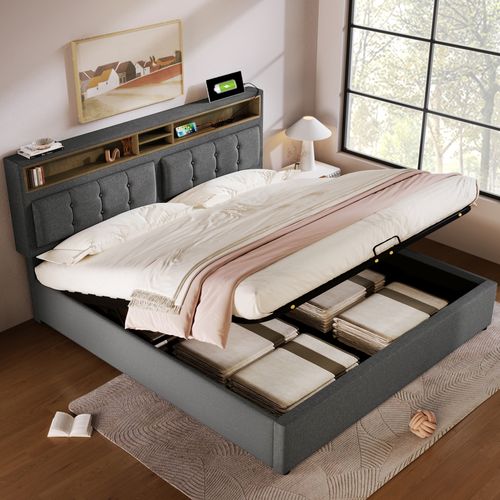 Lit Coffre 160x200 Cm - Lit Double Rembourré - Bois - Gris
