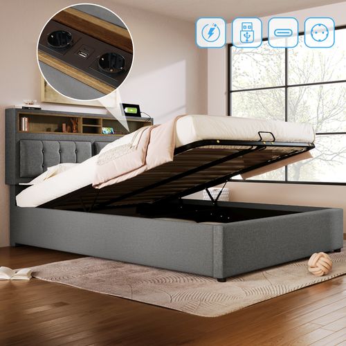 Lit Coffre 160x200 Cm - Lit Double Rembourré - Bois - Gris