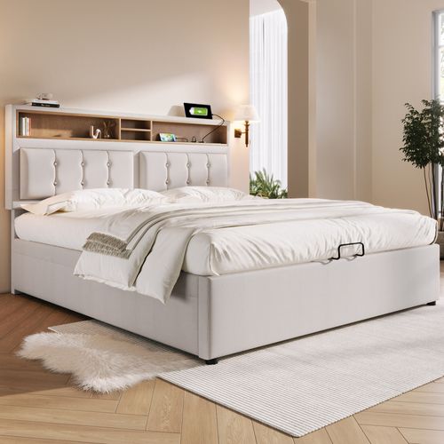 Lit Coffre 140x200 Cm - Lit Double Rembourré - Bois - Beige