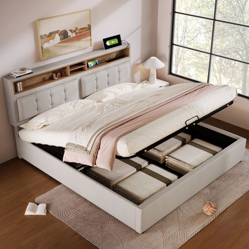 Lit Coffre 140x200 Cm - Lit Double Rembourré - Bois - Beige
