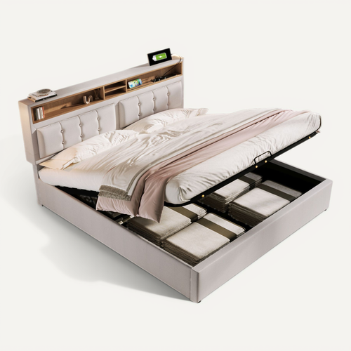 Lit Coffre 140x200 Cm - Lit Double Rembourré - Bois - Beige