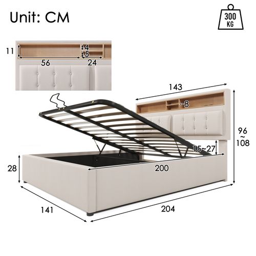 Lit Coffre 140x200 Cm - Lit Double Rembourré - Bois - Beige
