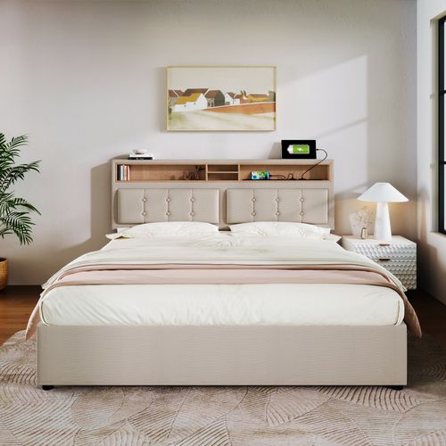 Lit Coffre 140x200 Cm - Lit Double Rembourré - Bois - Beige