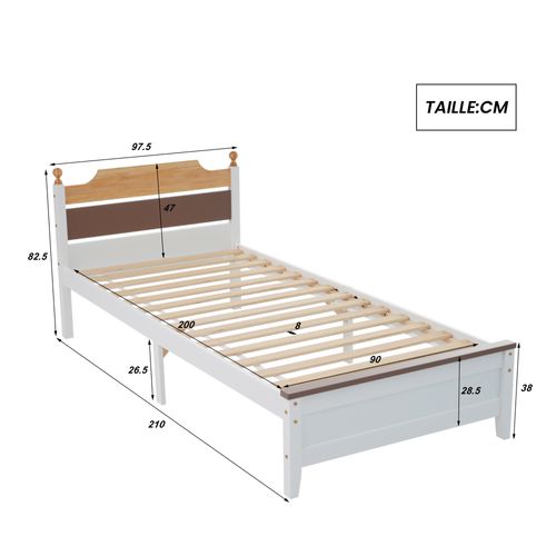 Lit Simple Enfant 90x200 Cm - Lit Classique Avec Tête Et Pied De Lit - Pin + Mdf - Blanc