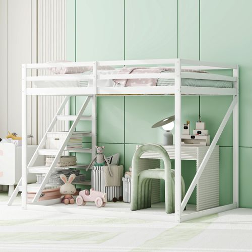 Lit Mezzanine Enfant 140x200 Cm Avec Escalier Sécurisé, Robuste Mdf Et Bois De Pin, Blanc