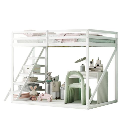 Lit Mezzanine Enfant 140x200 Cm Avec Escalier Sécurisé, Robuste Mdf Et Bois De Pin, Blanc