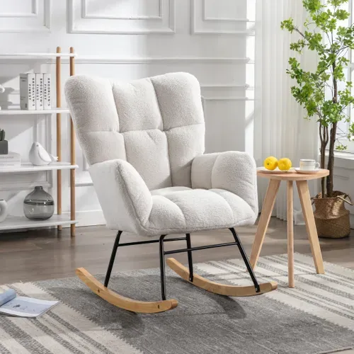 Fauteuil à Bascule En Polaire Teddy, Relax, Accoudoirs Et Siège Rembourré, Médiéval Moderne, Blanc
