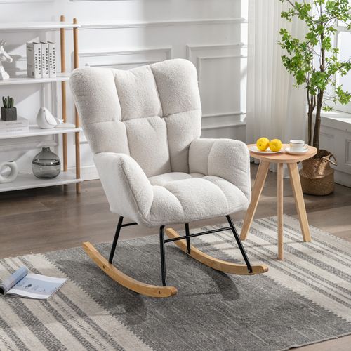 Fauteuil à Bascule En Polaire Teddy, Relax, Accoudoirs Et Siège Rembourré, Médiéval Moderne, Blanc