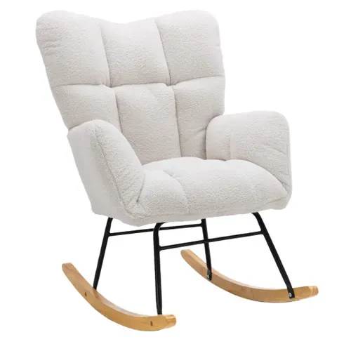 Fauteuil à Bascule En Polaire Teddy, Relax, Accoudoirs Et Siège Rembourré, Médiéval Moderne, Blanc