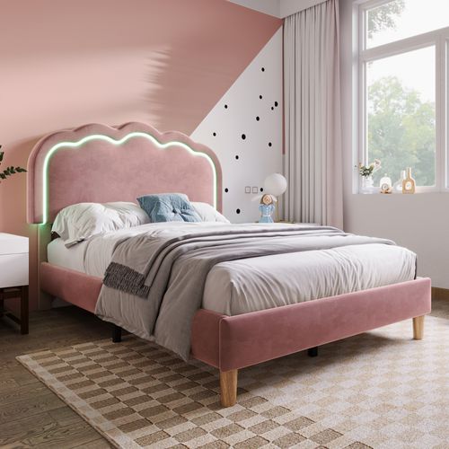 Lit Simple 90x190 Cm - Lit Capitonné Avec Tête De Lit LED Réglable - Velours - Rose