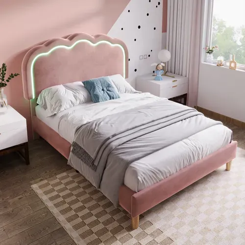 Lit Simple 90x190 Cm - Lit Capitonné Avec Tête De Lit LED Réglable - Velours - Rose