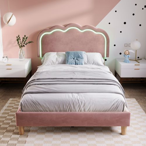 Lit Simple 90x190 Cm - Lit Capitonné Avec Tête De Lit LED Réglable - Velours - Rose