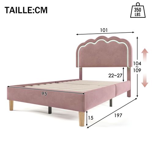 Lit Simple 90x190 Cm - Lit Capitonné Avec Tête De Lit LED Réglable - Velours - Rose